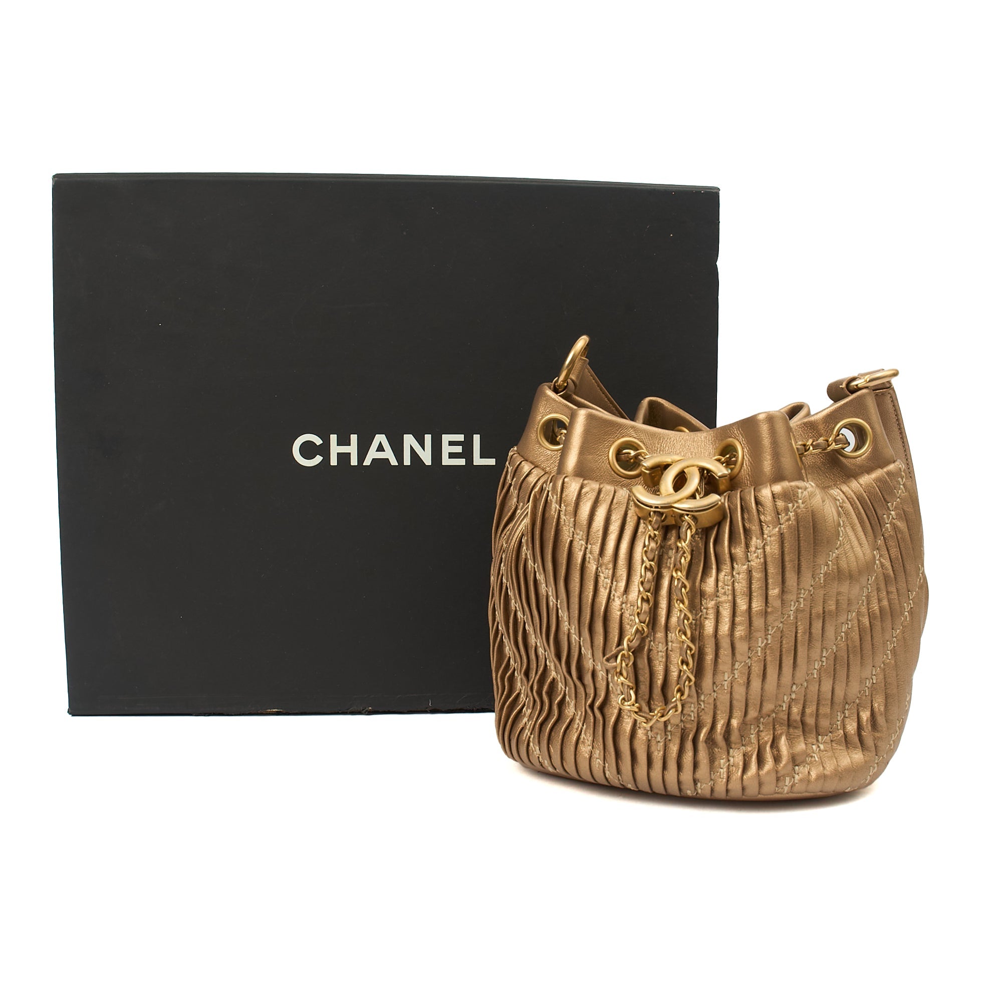Chanel Bucket Bag Paris Cosmopolite Drawstring Bucket Bag in Metallic, Calfskin Leather