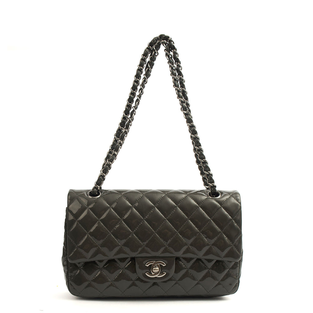Chanel Shoulder Bag Classic Double Flap - Medium in Grey, Patent Leather