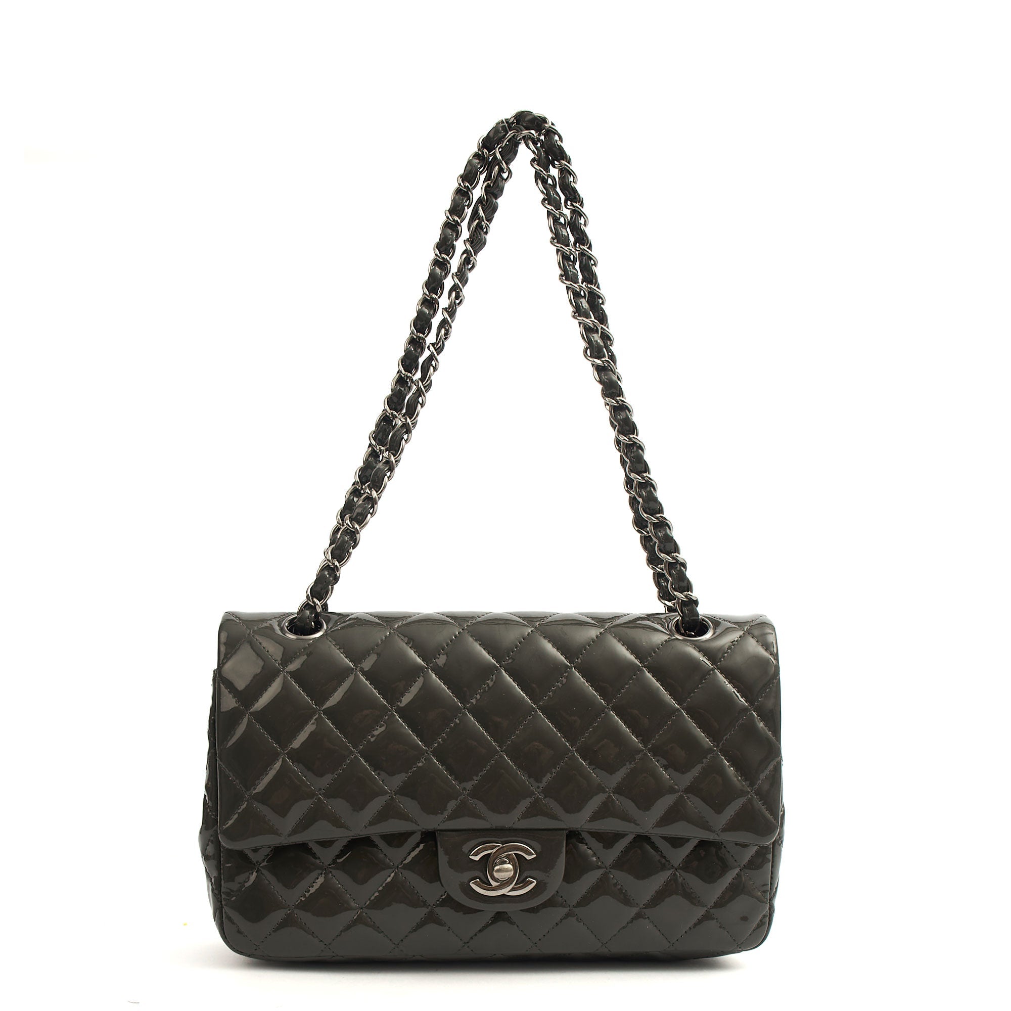 Chanel Shoulder Bag Classic Double Flap - Medium in Grey, Patent Leather
