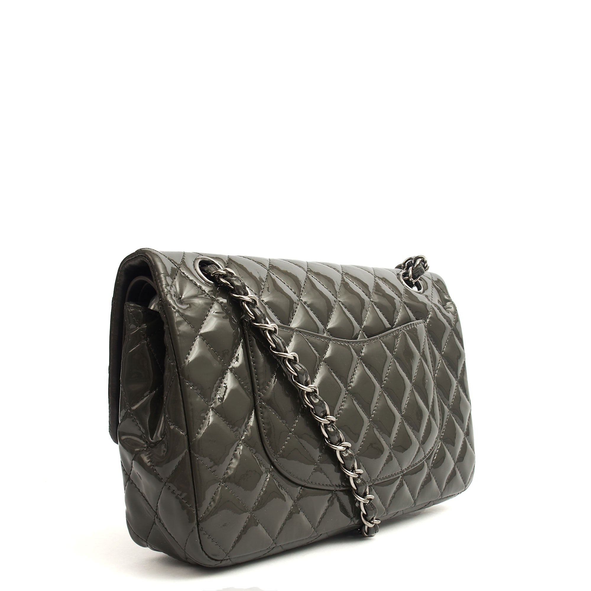 Chanel Shoulder Bag Classic Double Flap - Medium in Grey, Patent Leather