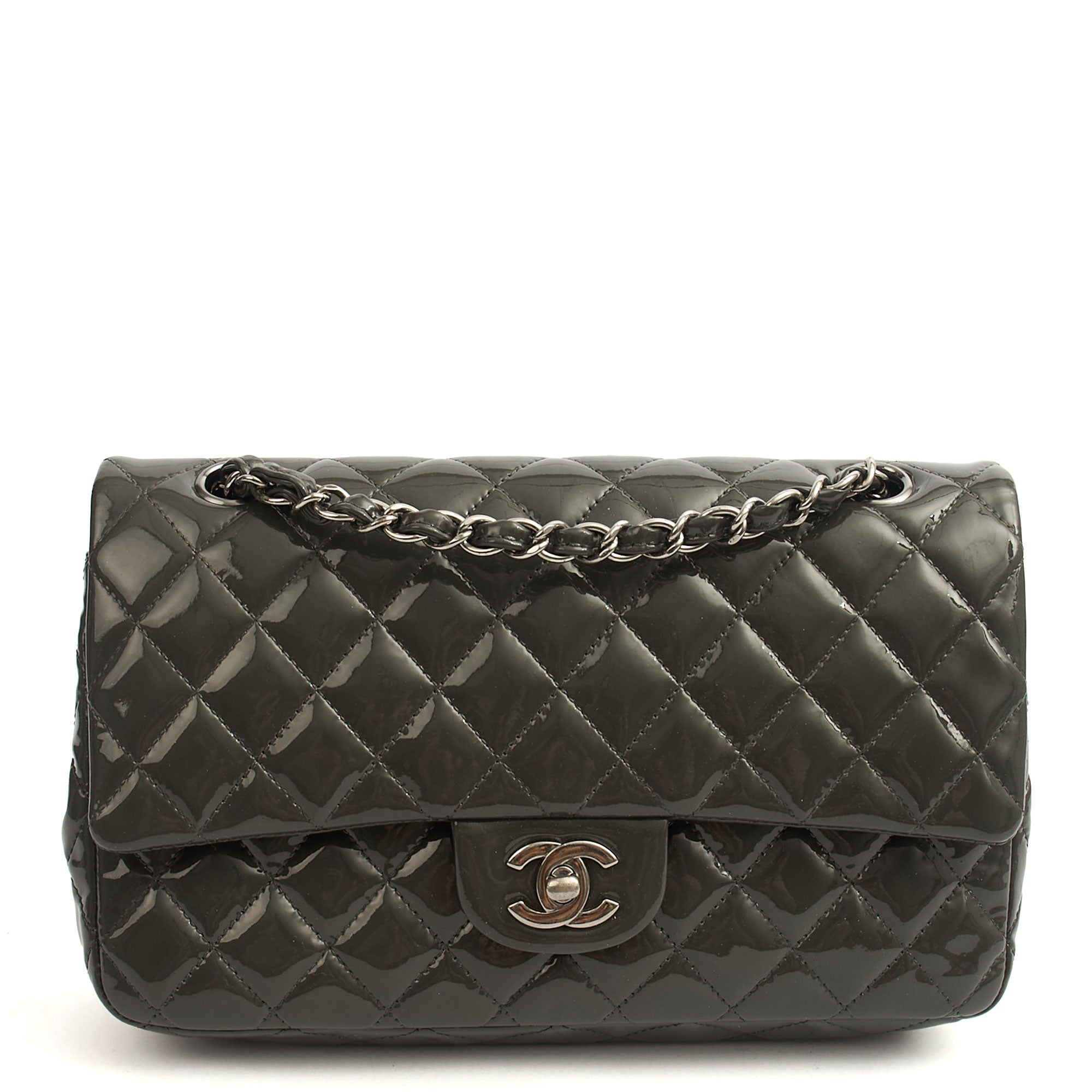 Chanel Shoulder Bag Classic Double Flap - Medium in Grey, Patent Leather