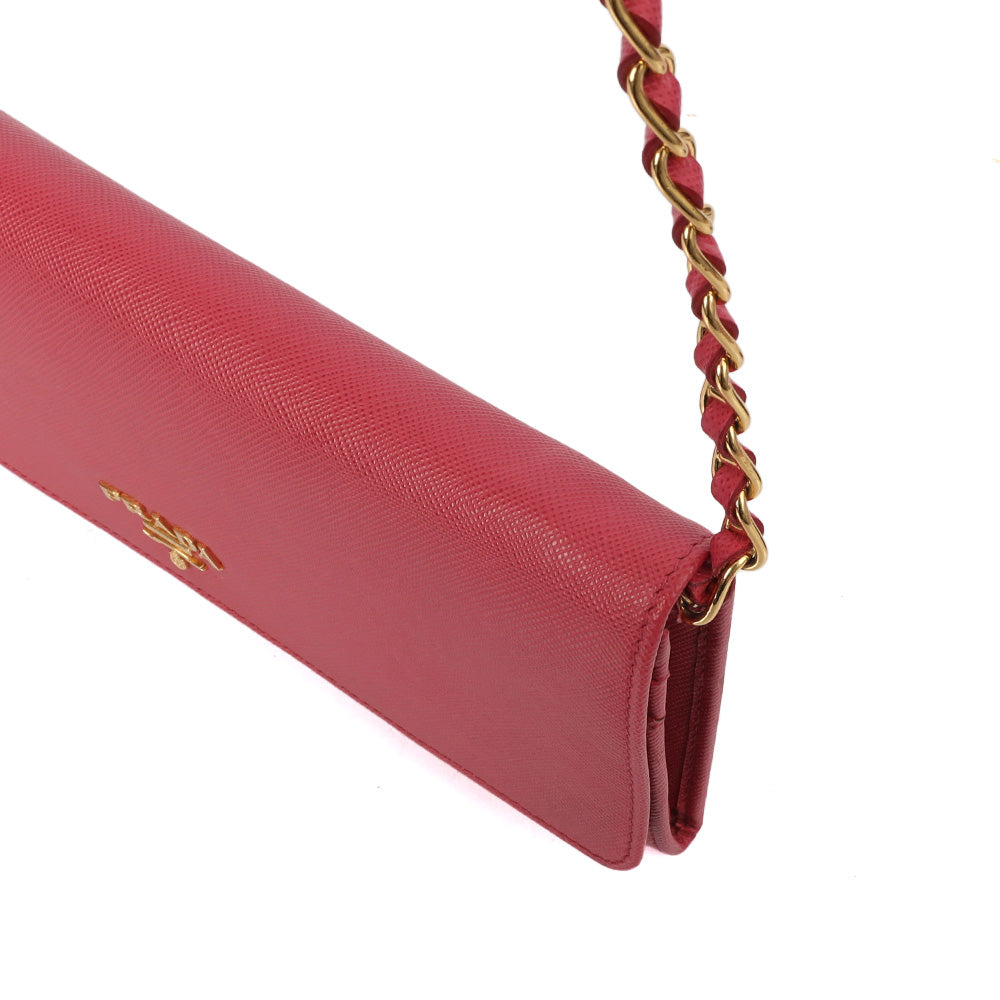 Prada Cross Body Wallet On Chain in Pink, Saffiano Leather