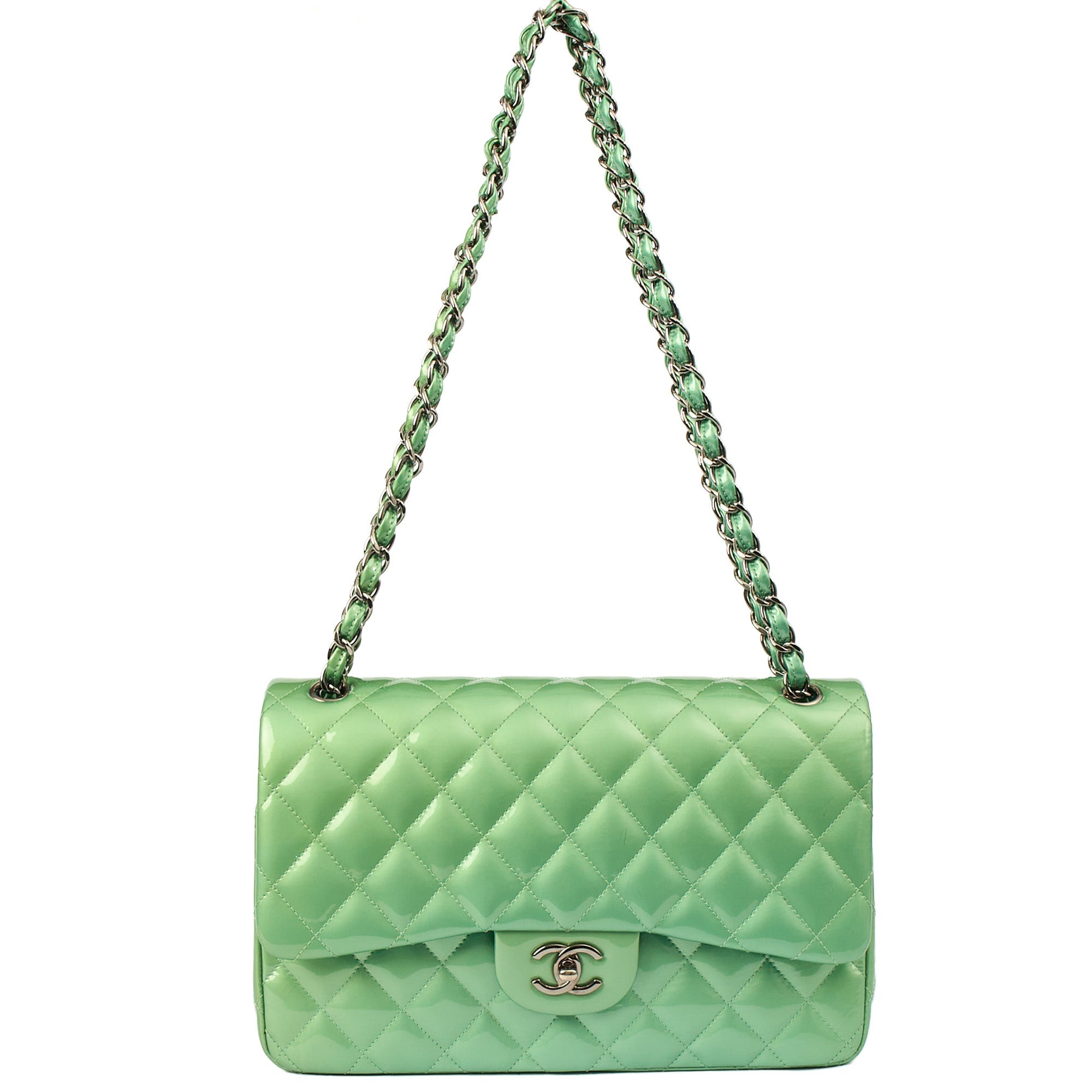 Chanel Shoulder Bag Classic Double Flap - Large in Green, Patent Leather