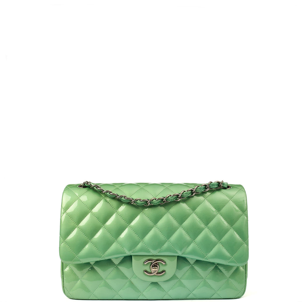 Chanel Shoulder Bag Classic Double Flap - Large in Green, Patent Leather