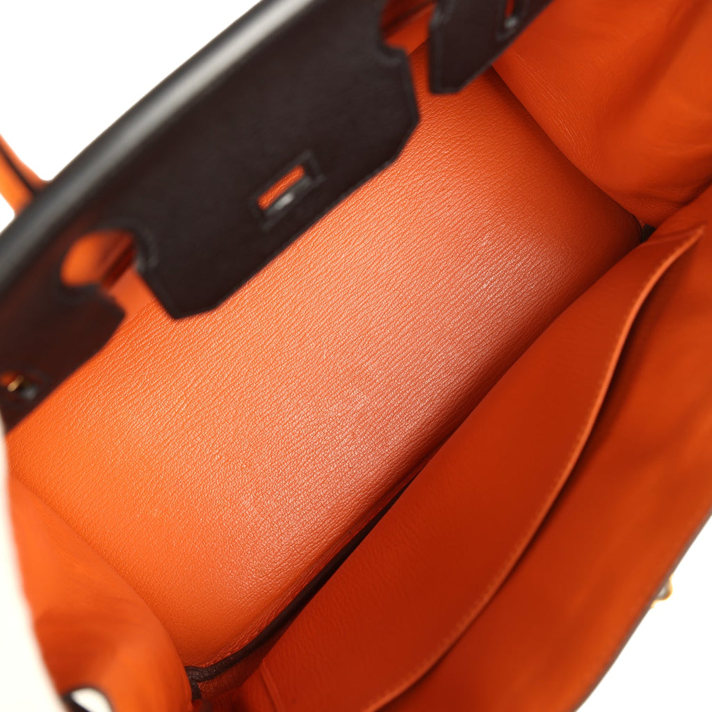 Pre-owned Hermes Special Order (HSS) Birkin 30 Black and Orange Chevre Brushed Gold Hardware