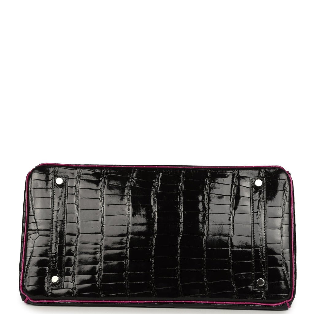 Pre-owned Hermes Special Order (HSS) Birkin 35 Rose Pourpre and Black Shiny Porosus Crocodile Palladium Hardware