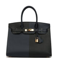 Pre-owned Hermes Casaque Birkin Sellier 30 Black and Bleu Indigo Epsom Gold Hardware
