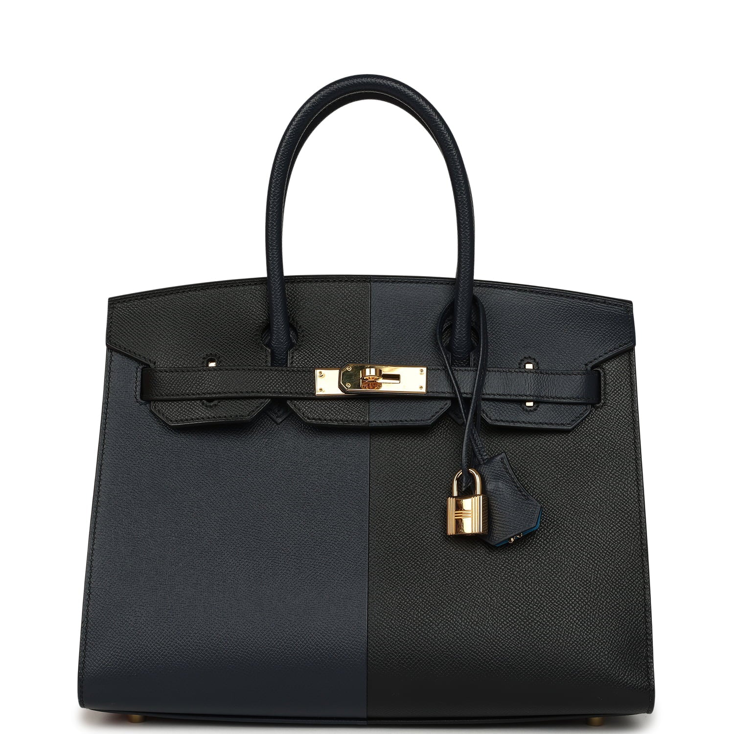Pre-owned Hermes Casaque Birkin Sellier 30 Black and Bleu Indigo Epsom Gold Hardware