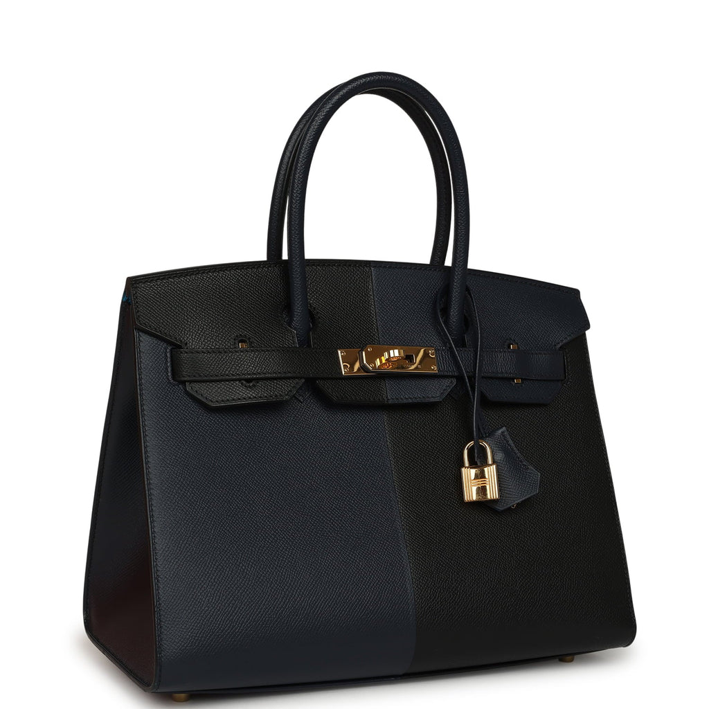 Pre-owned Hermes Casaque Birkin Sellier 30 Black and Bleu Indigo Epsom Gold Hardware