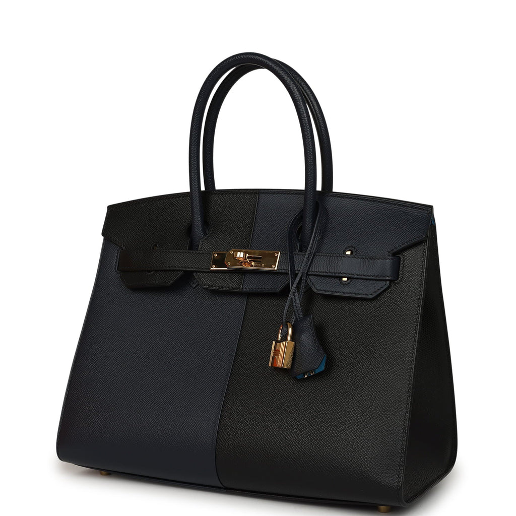 Pre-owned Hermes Casaque Birkin Sellier 30 Black and Bleu Indigo Epsom Gold Hardware