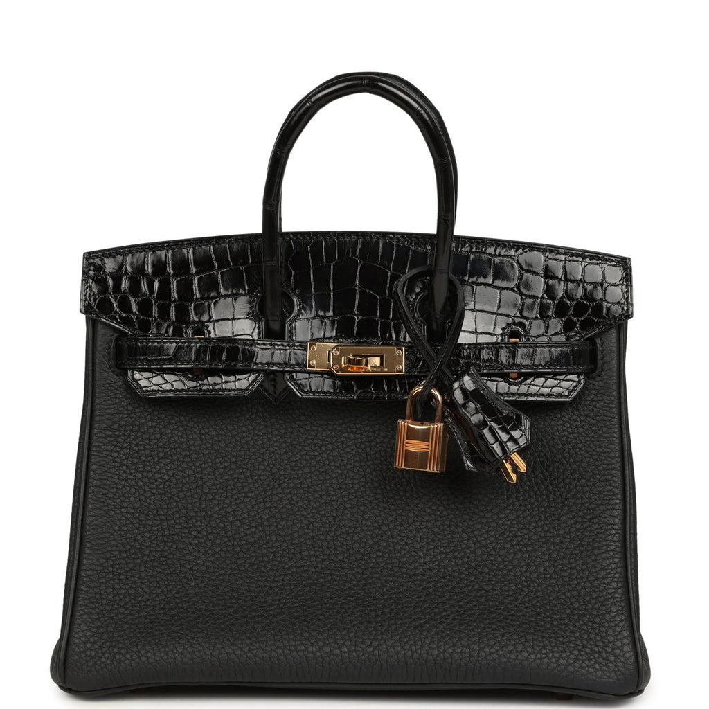 Pre-owned Hermes Birkin 25 Touch Black Togo and Shiny Niloticus Crocodile Touch Rose Gold Hardware
