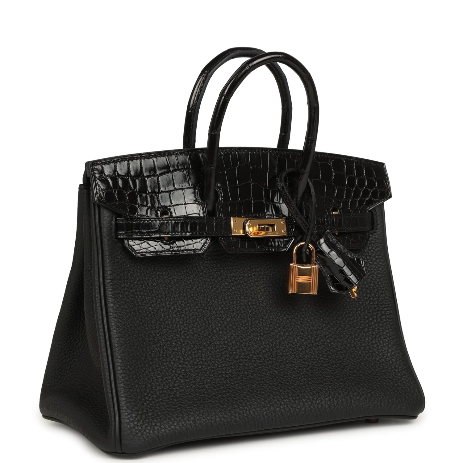 Pre-owned Hermes Birkin 25 Touch Black Togo and Shiny Niloticus Crocodile Touch Rose Gold Hardware