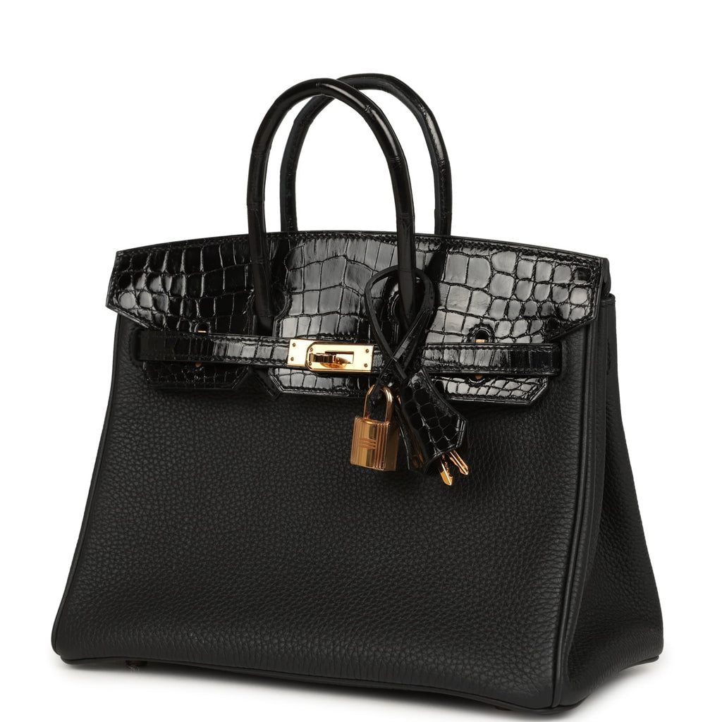 Pre-owned Hermes Birkin 25 Touch Black Togo and Shiny Niloticus Crocodile Touch Rose Gold Hardware