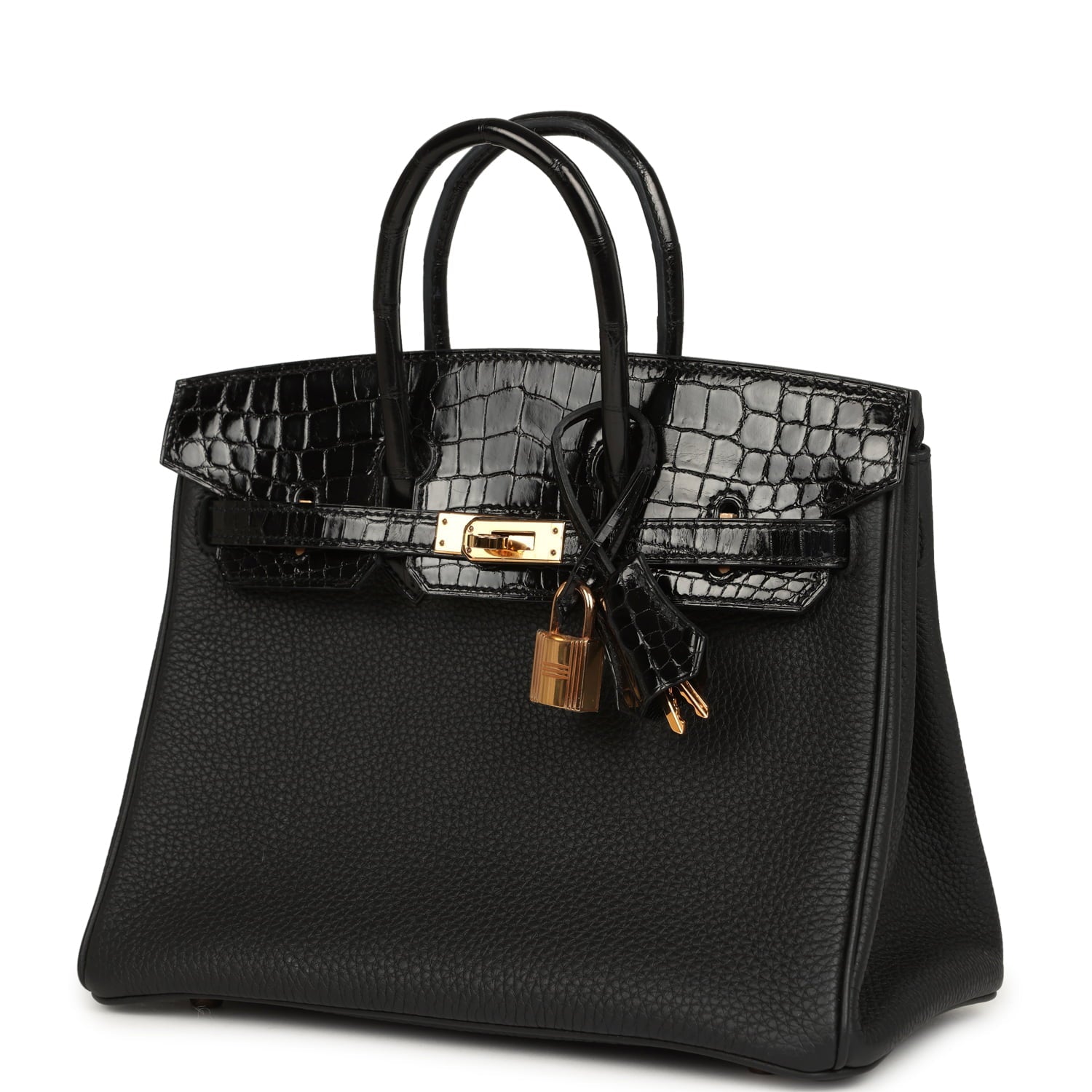 Pre-owned Hermes Birkin 25 Touch Black Togo and Shiny Niloticus Crocodile Touch Rose Gold Hardware