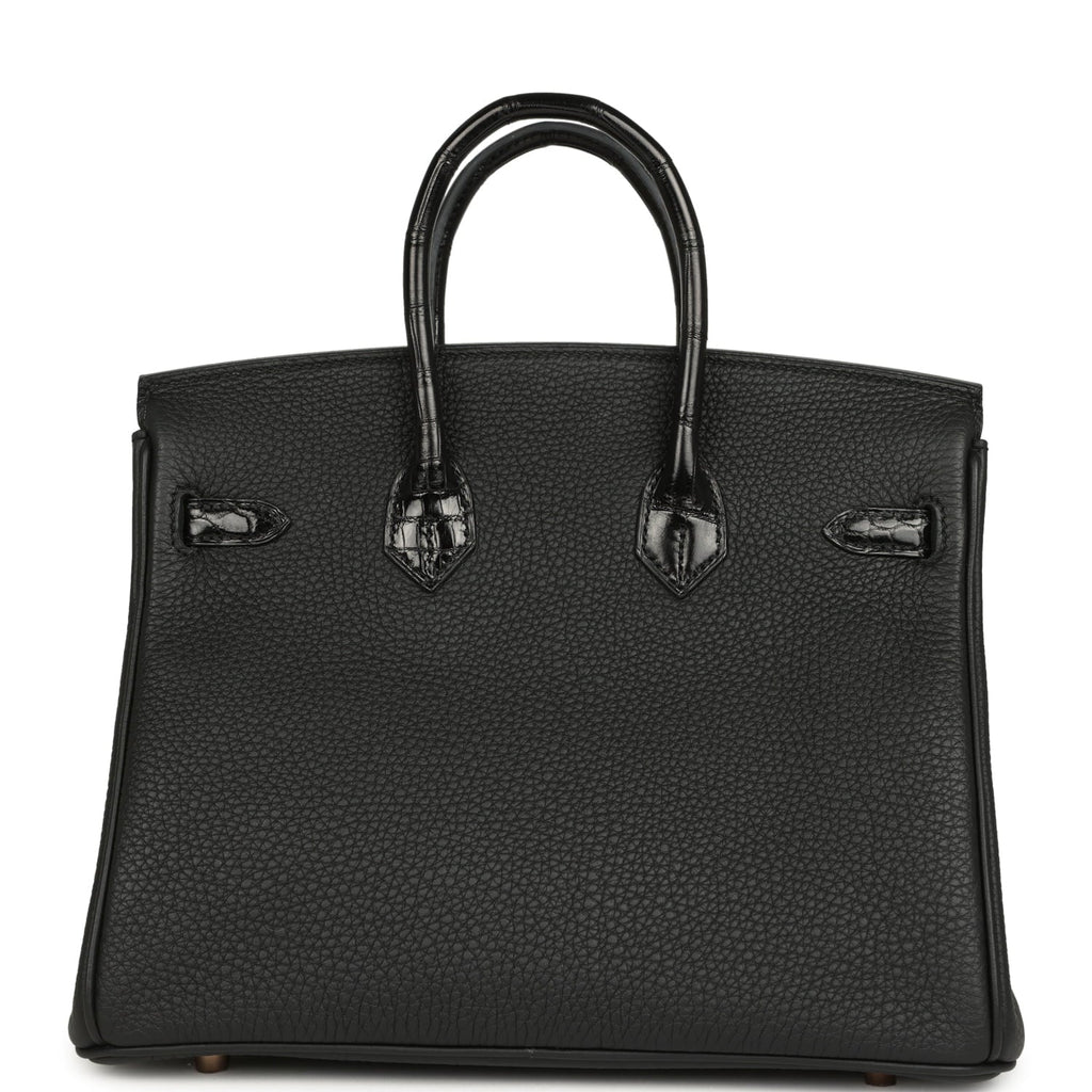 Pre-owned Hermes Birkin 25 Touch Black Togo and Shiny Niloticus Crocodile Touch Rose Gold Hardware