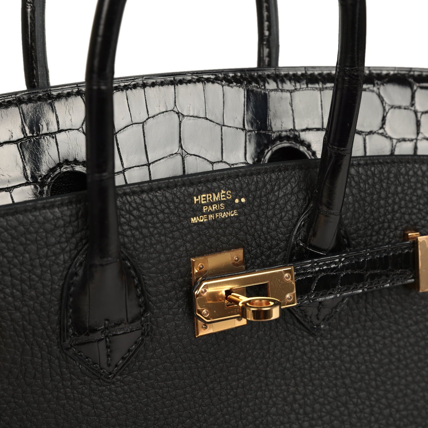 Pre-owned Hermes Birkin 25 Touch Black Togo and Shiny Niloticus Crocodile Touch Rose Gold Hardware