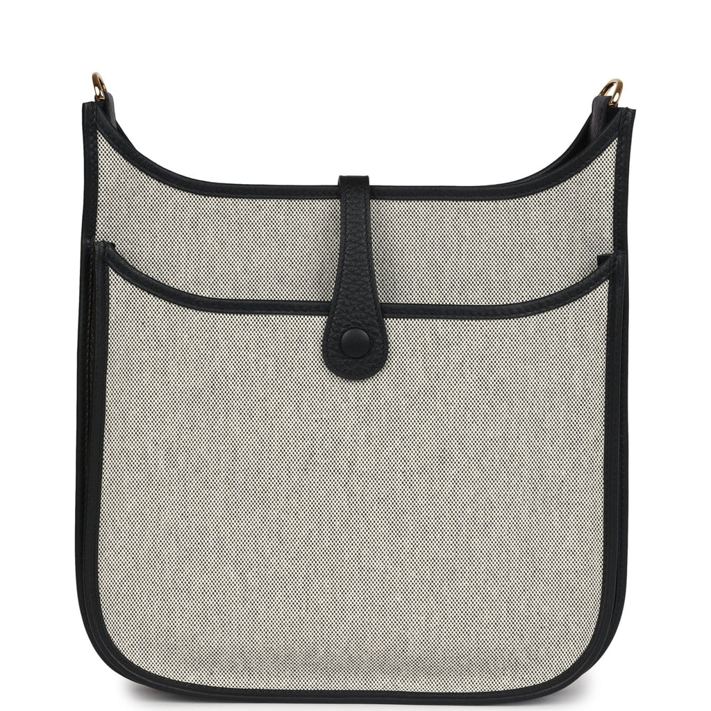 Hermes Evelyne III PM Black Clemence and Ecru Toile Gold Hardware