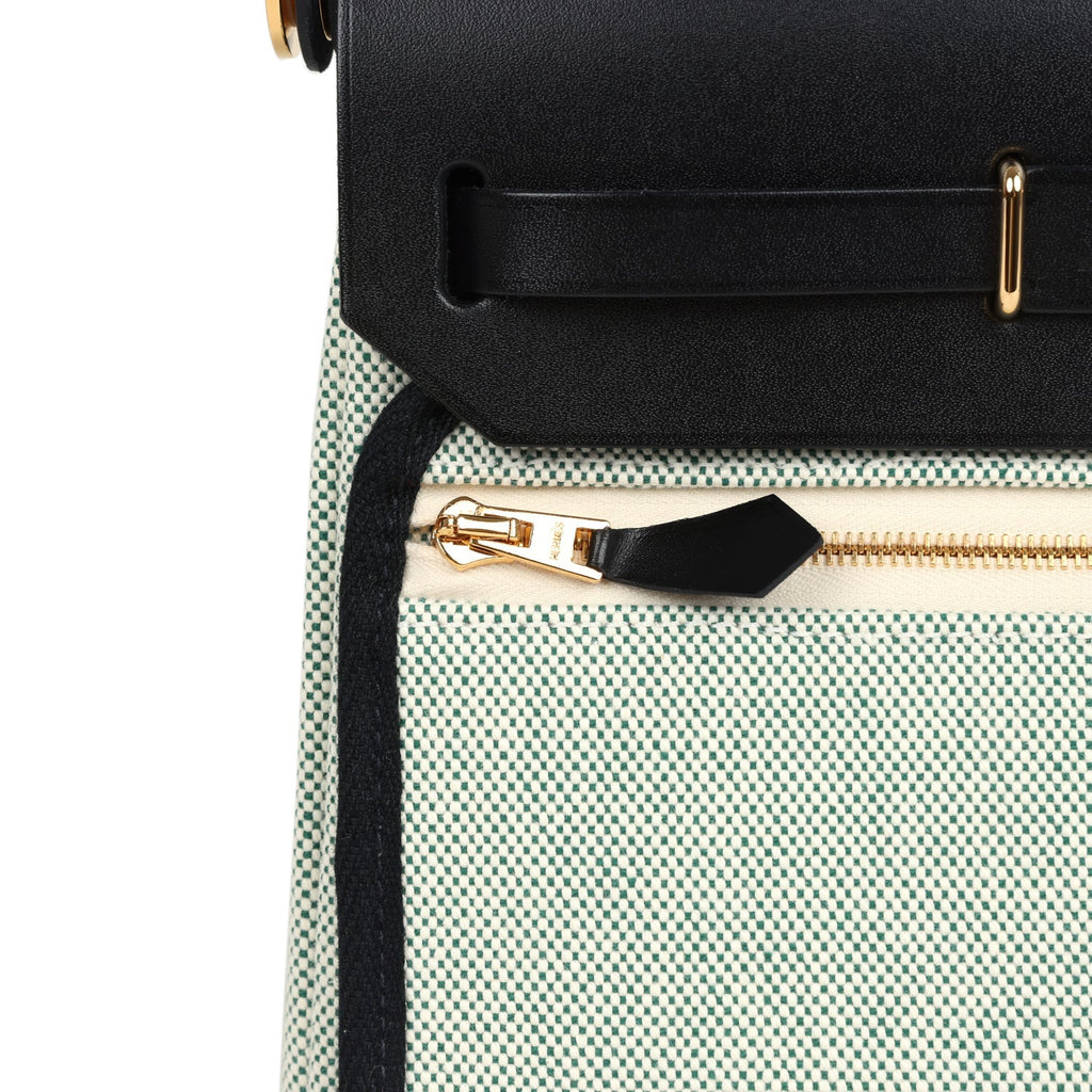 Hermes Herbag Zip 20 Mini Ecru and Vert Moyen Toile H Canvas and Black Vache Hunter Gold Hardware
