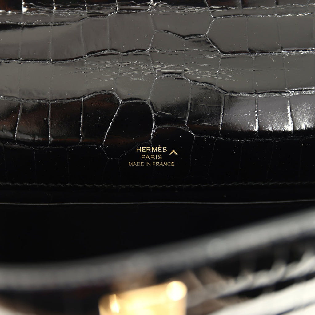 Hermes Kelly Pochette Black Shiny Porosus Crocodile Gold Hardware