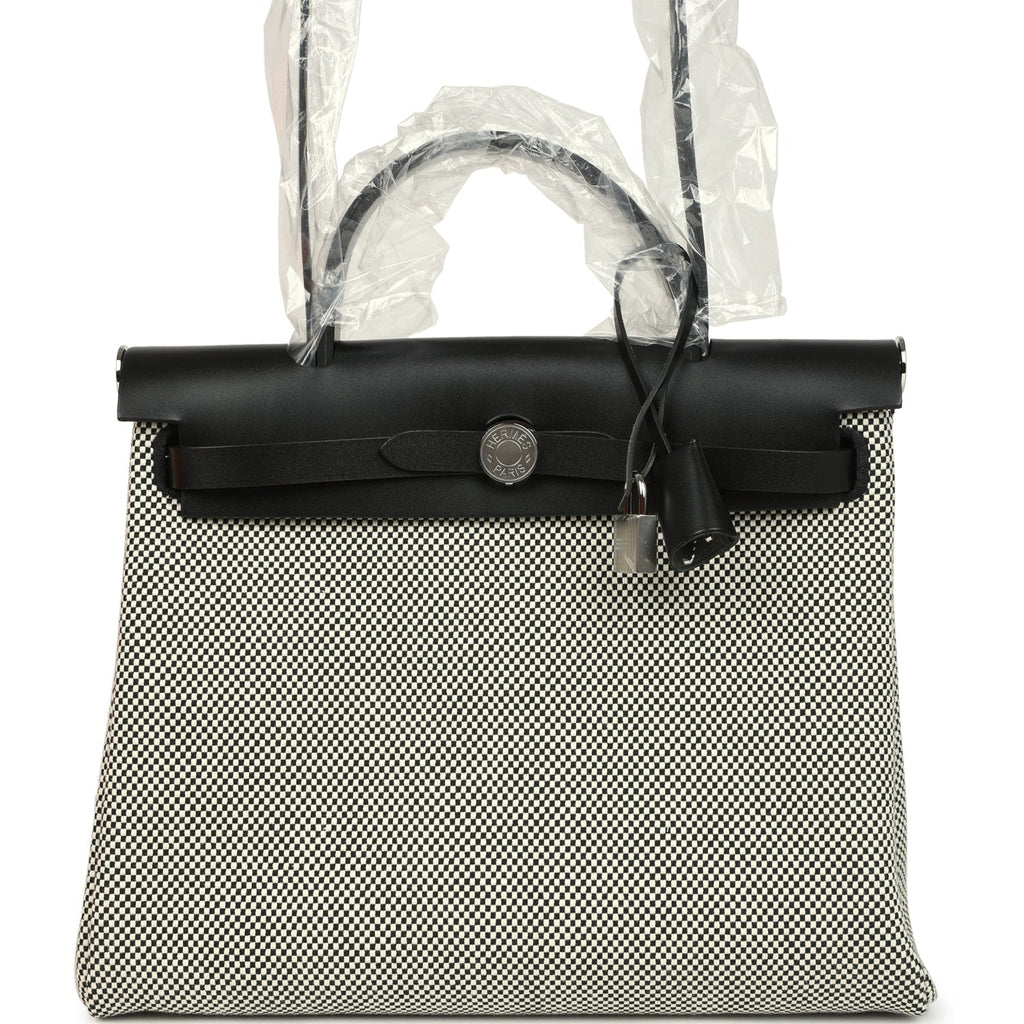 Hermes Herbag Zip PM 31 Black Vache Hunter and Ecru-Black Criss Viking Canvas Palladium Hardware