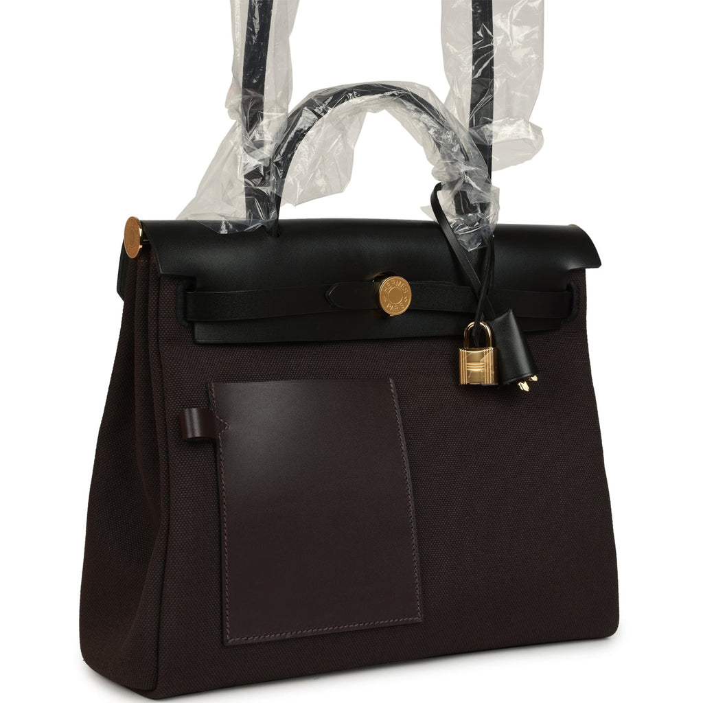 Hermes Herbag Zip Pocket PM 31 Ebene Militaire Canvas and Black Vache Hunter Gold Hardware