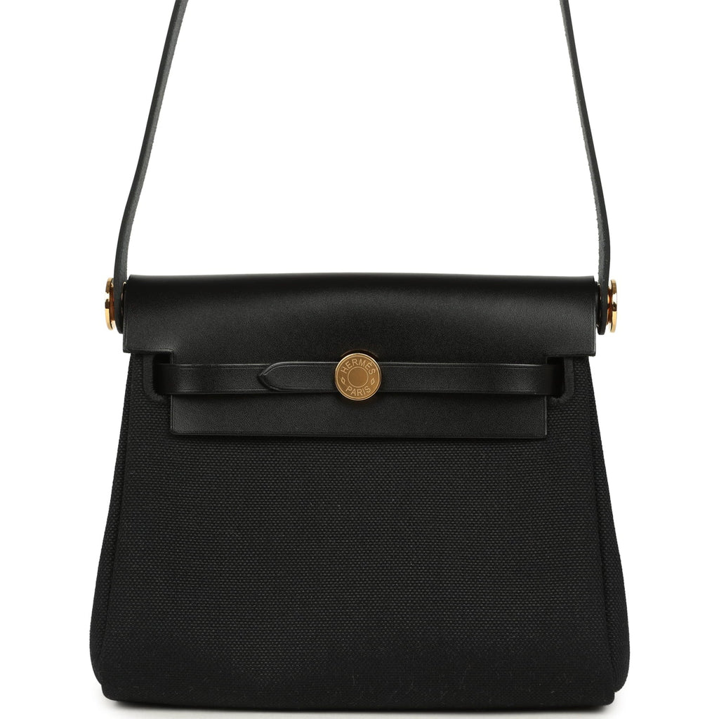 Hermes Herbag Zip 20 Mini Black Toile Militaire Canvas and Black Vache Hunter Gold Hardware
