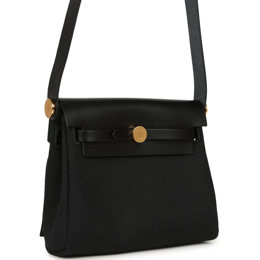 Hermes Herbag Zip 20 Mini Black Toile Militaire Canvas and Black Vache Hunter Gold Hardware