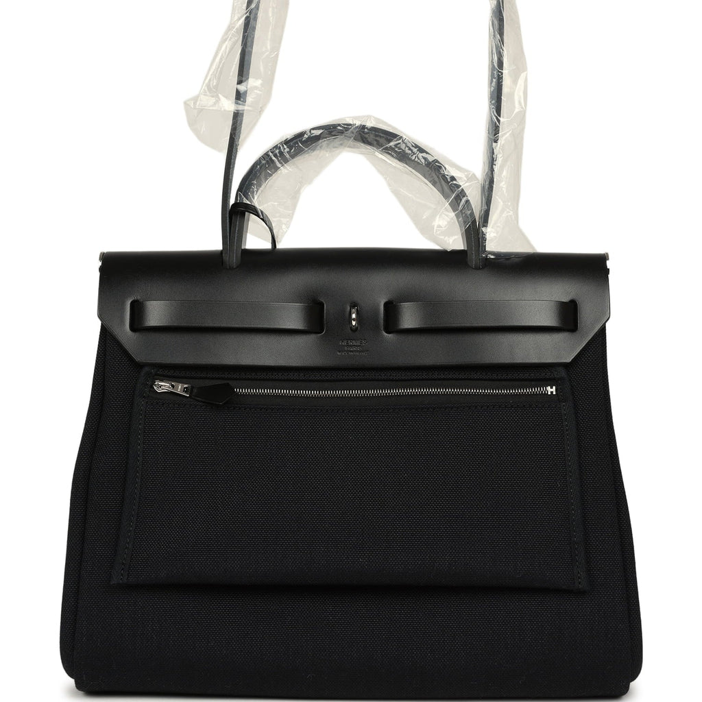 Hermes Herbag Zip 31 PM Black Military Canvas & Vache Hunter Palladium Hardware
