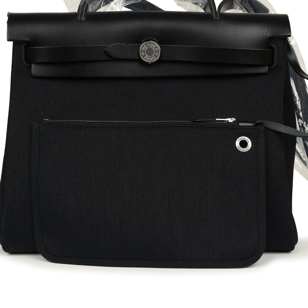 Hermes Herbag Zip 31 PM Black Military Canvas & Vache Hunter Palladium Hardware