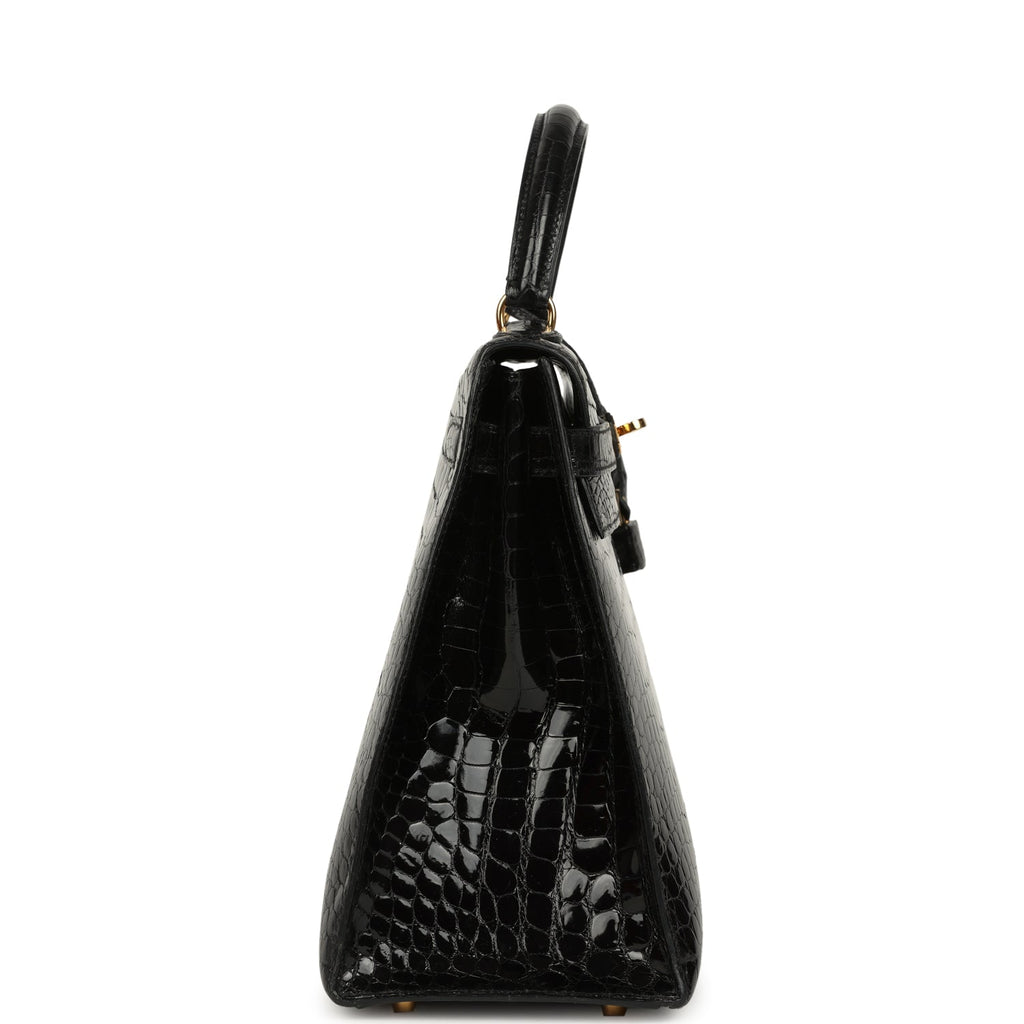 Vintage Hermes Kelly Sellier 32 Black Shiny Porosus Crocodile Gold Hardware