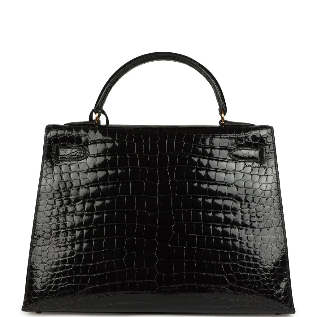 Vintage Hermes Kelly Sellier 32 Black Shiny Porosus Crocodile Gold Hardware
