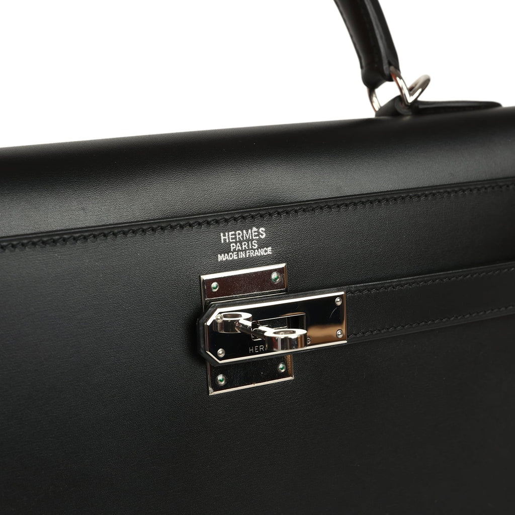 Vintage Hermes Kelly Sellier 32 Black Tadelakt Palladium Hardware