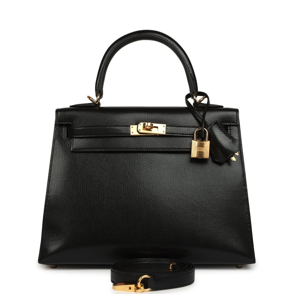 Hermes Kelly Sellier 25 Black Chevre Chamkila Gold Hardware