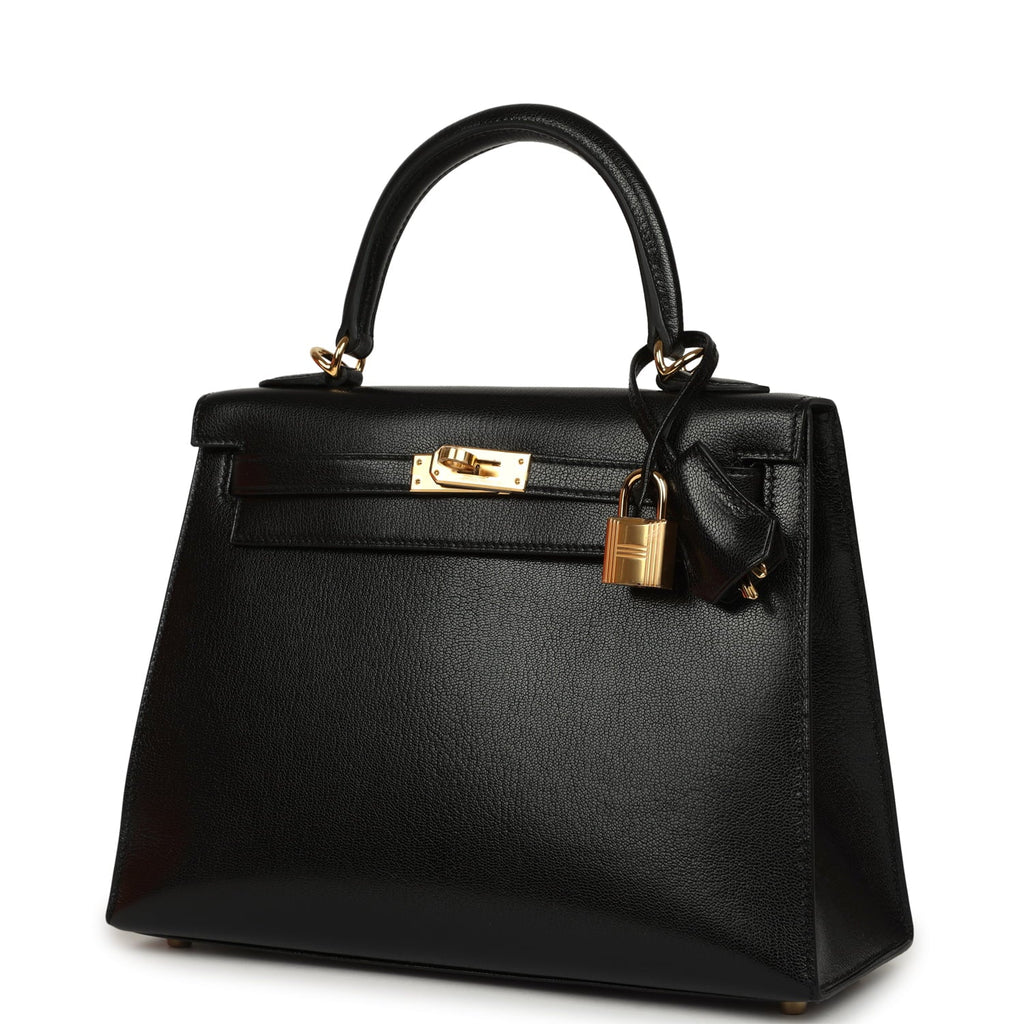 Hermes Kelly Sellier 25 Black Chevre Chamkila Gold Hardware