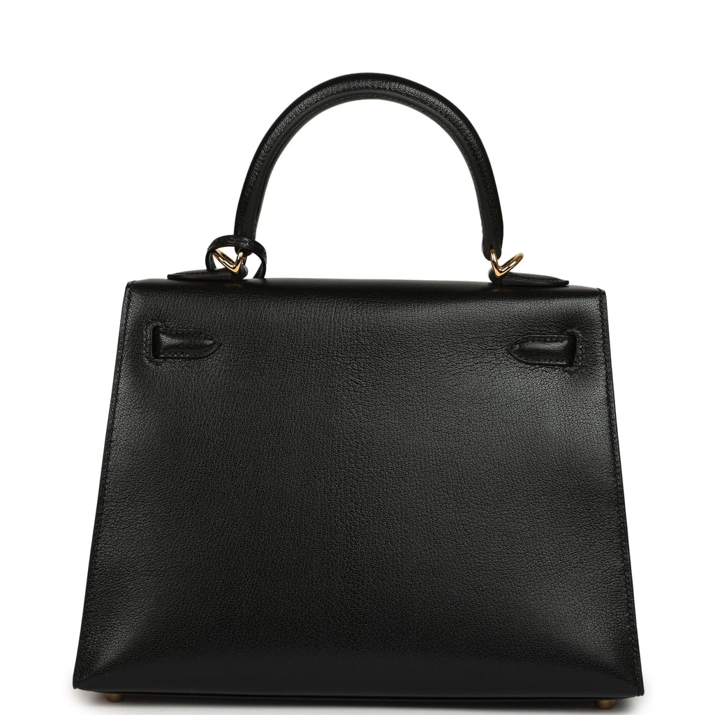 Hermes Kelly Sellier 25 Black Chevre Chamkila Gold Hardware