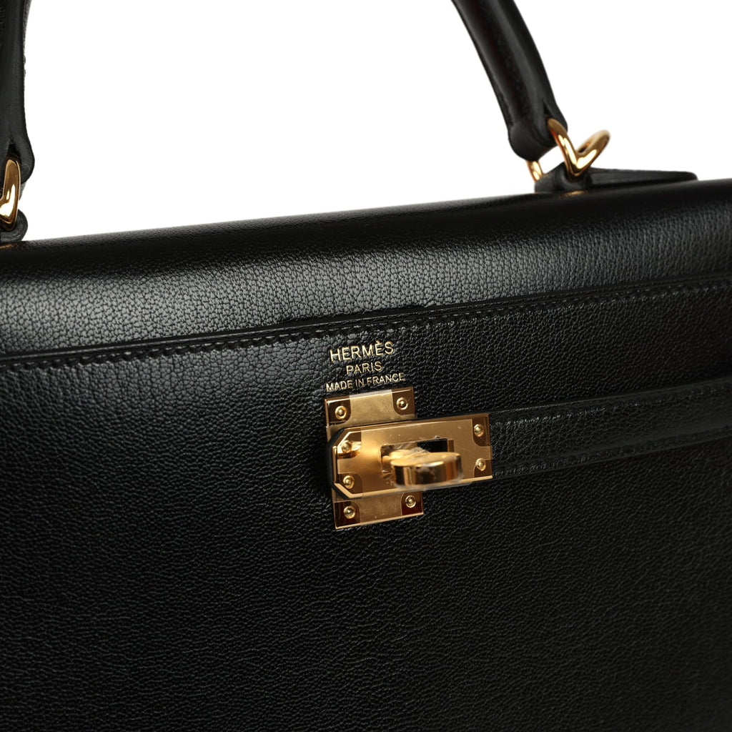 Hermes Kelly Sellier 25 Black Chevre Chamkila Gold Hardware