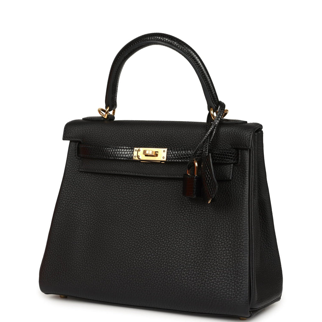 Hermes Kelly Retourne 25 Black Togo and Varanus Niloticus Lizard Touch Gold Hardware