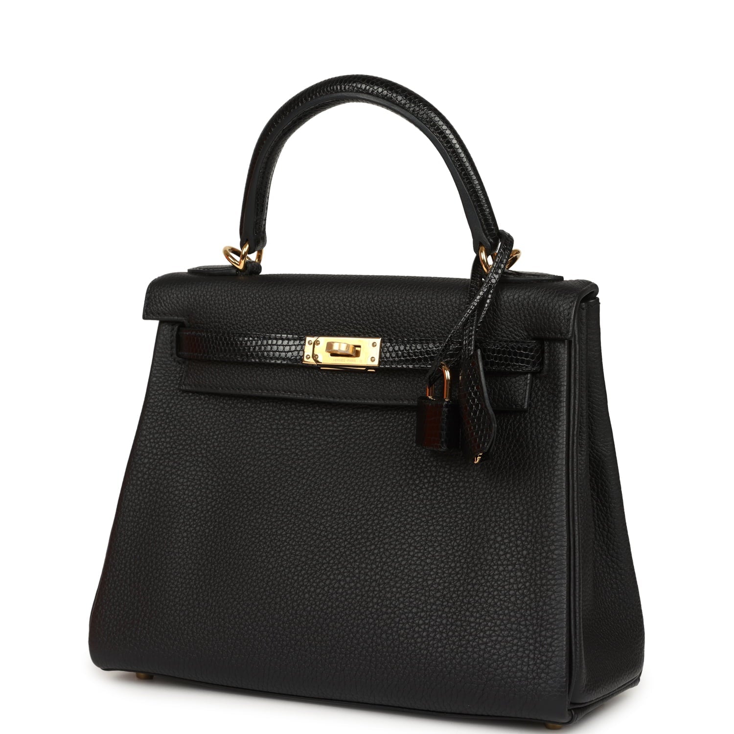Hermes Kelly Retourne 25 Black Togo and Varanus Niloticus Lizard Touch Gold Hardware