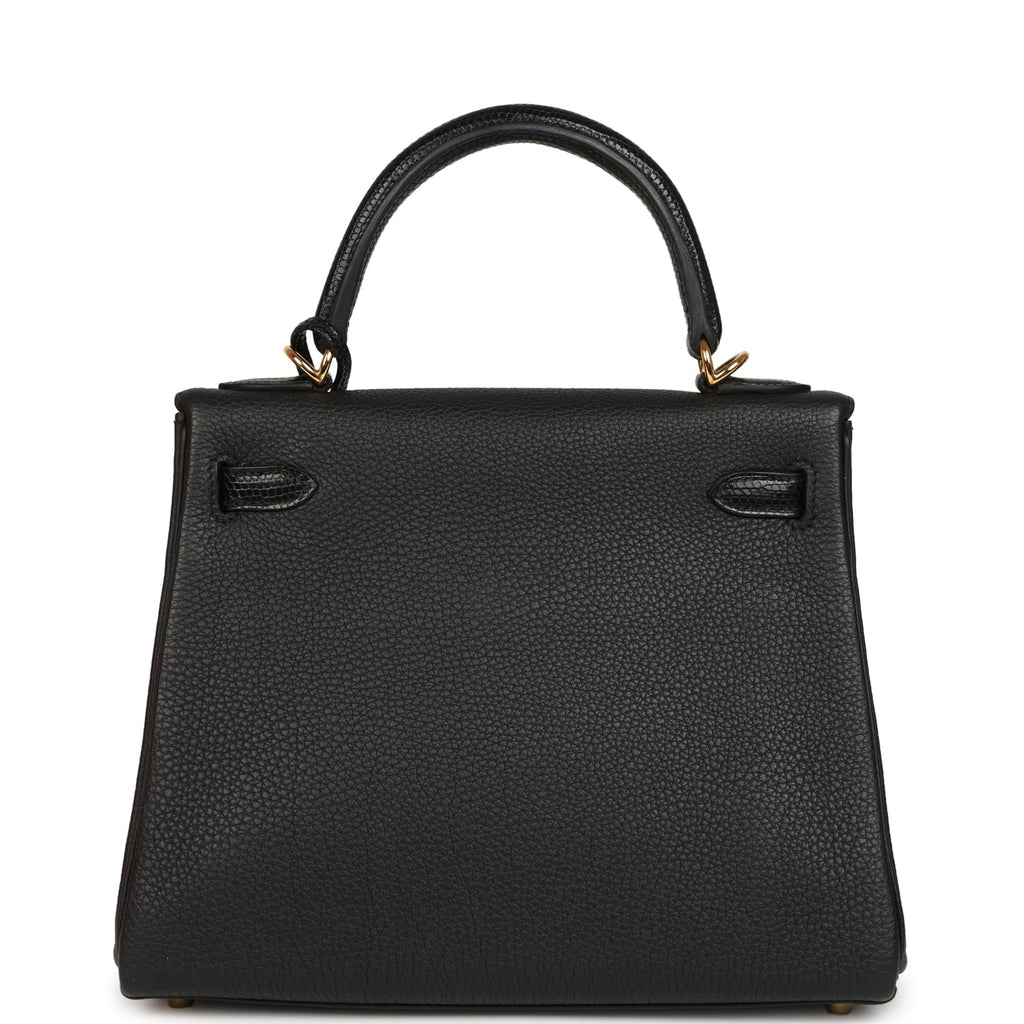 Hermes Kelly Retourne 25 Black Togo and Varanus Niloticus Lizard Touch Gold Hardware
