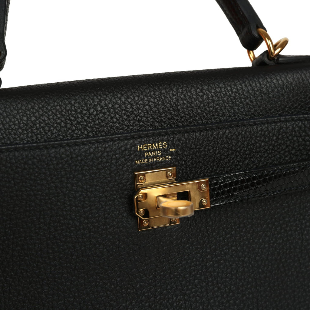 Hermes Kelly Retourne 25 Black Togo and Varanus Niloticus Lizard Touch Gold Hardware