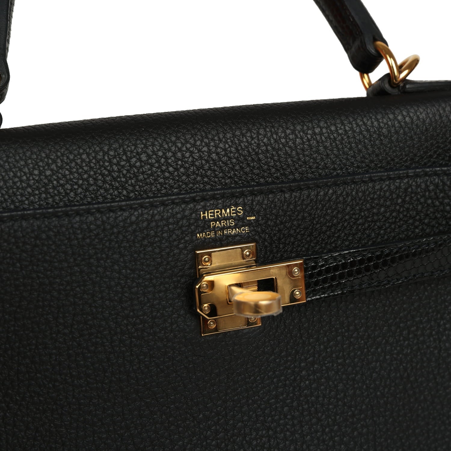 Hermes Kelly Retourne 25 Black Togo and Varanus Niloticus Lizard Touch Gold Hardware