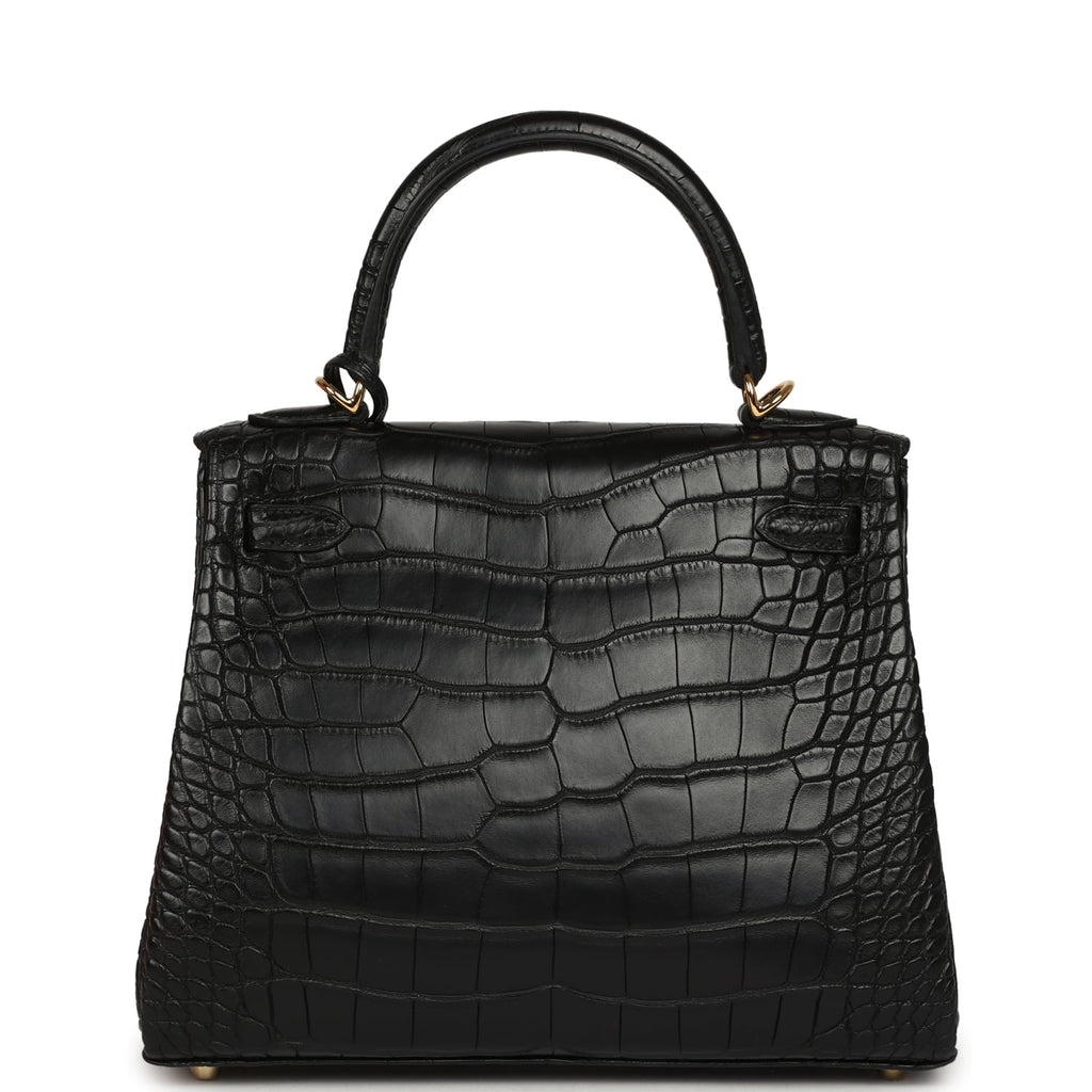 Hermes Kelly Retourne 25 Black Matte Alligator Gold Hardware