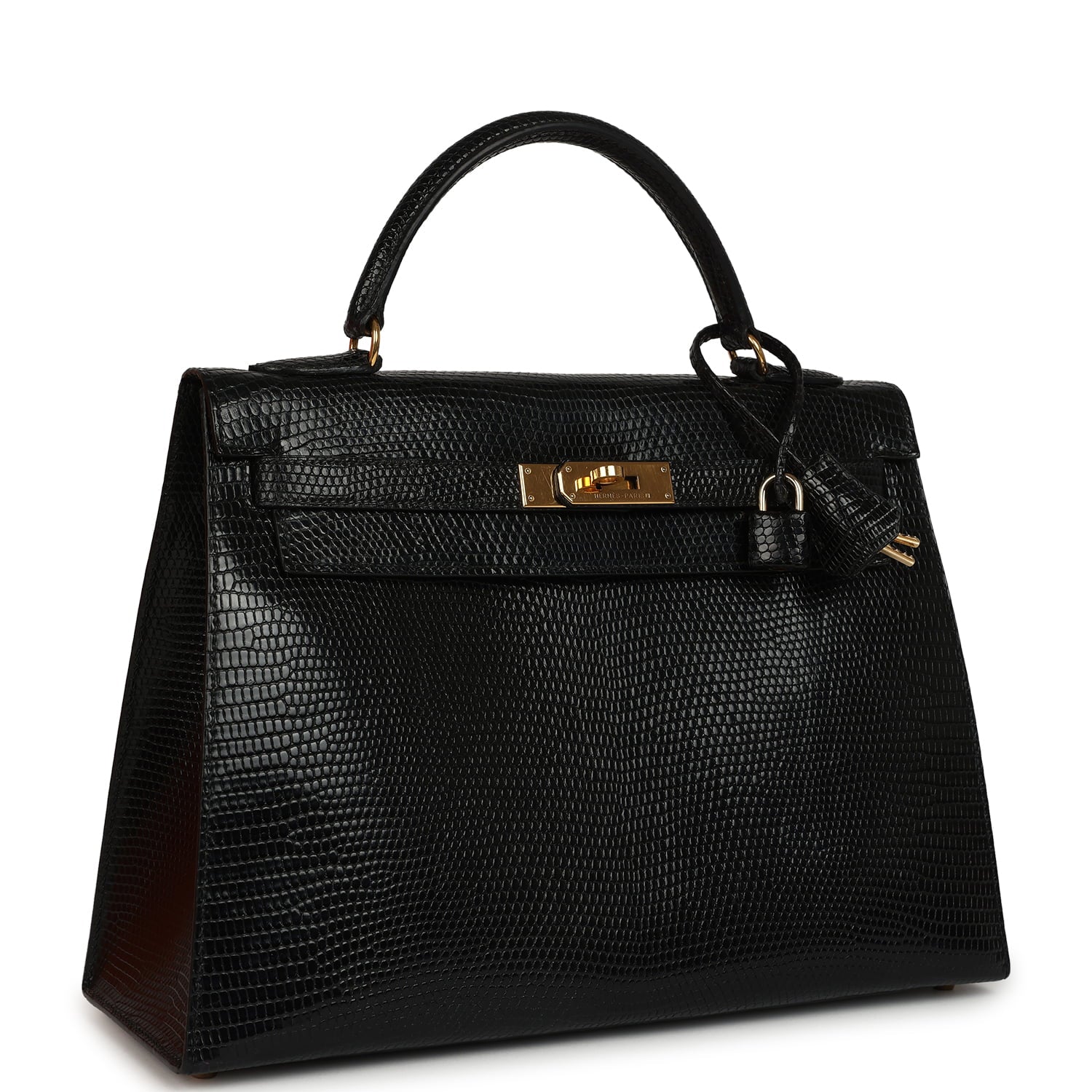 Vintage Hermes Kelly Sellier 32 Black Shiny Varanus Niloticus Lizard Gold Hardware