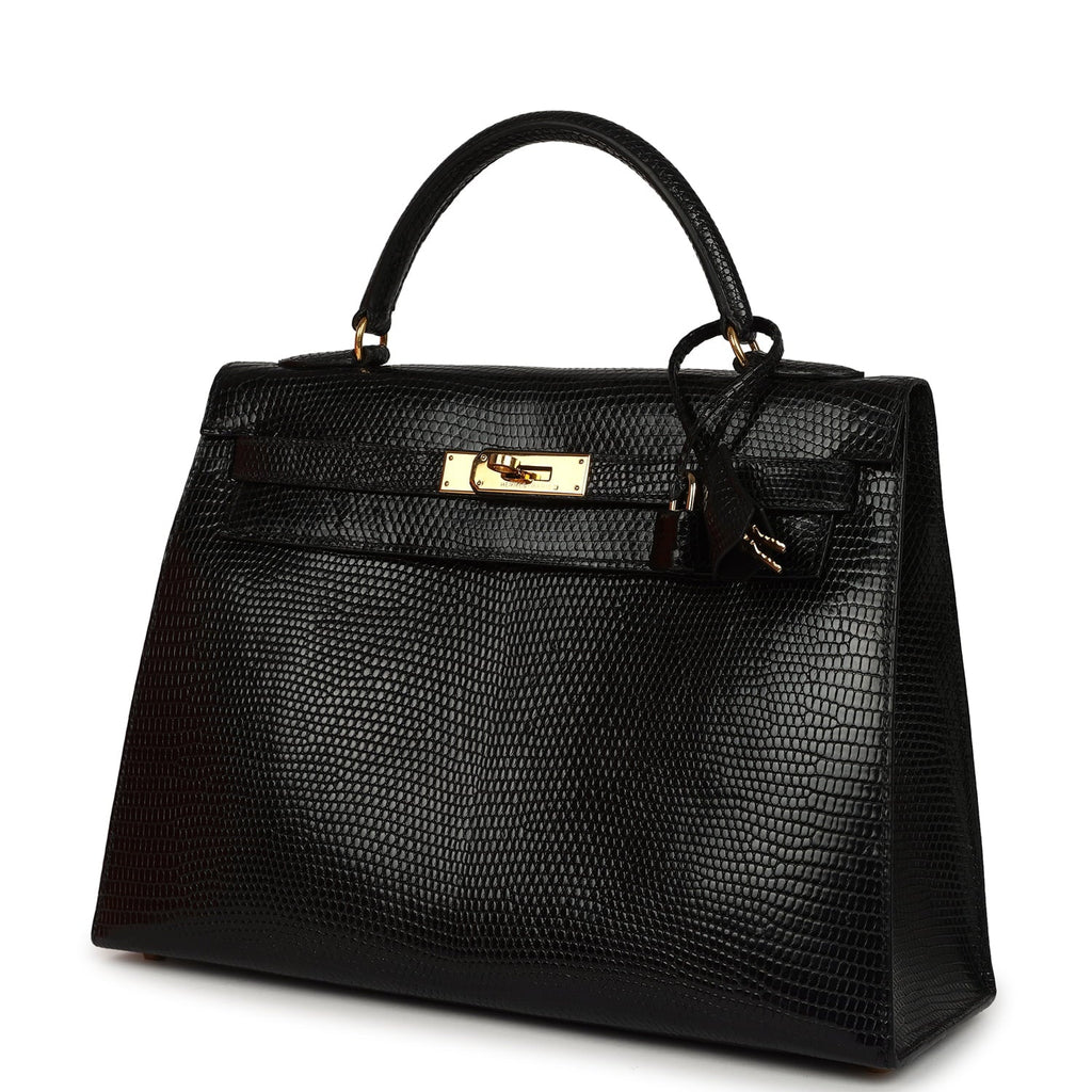 Vintage Hermes Kelly Sellier 32 Black Shiny Varanus Niloticus Lizard Gold Hardware