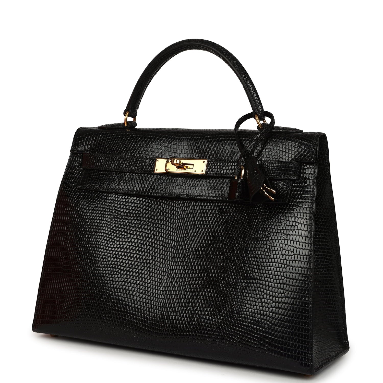 Vintage Hermes Kelly Sellier 32 Black Shiny Varanus Niloticus Lizard Gold Hardware