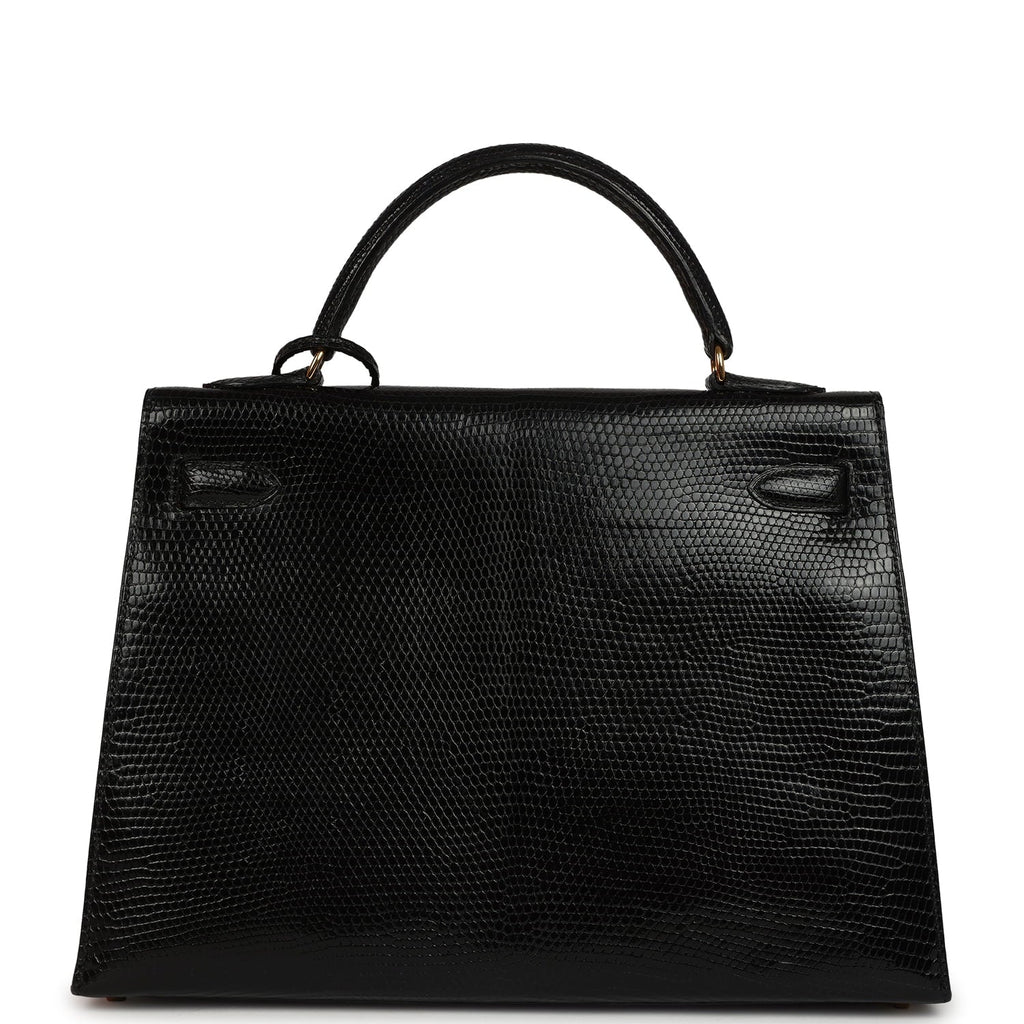 Vintage Hermes Kelly Sellier 32 Black Shiny Varanus Niloticus Lizard Gold Hardware