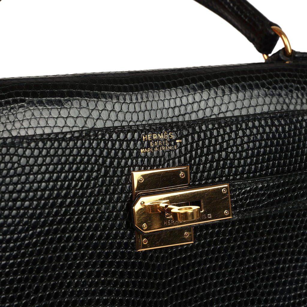 Vintage Hermes Kelly Sellier 32 Black Shiny Varanus Niloticus Lizard Gold Hardware
