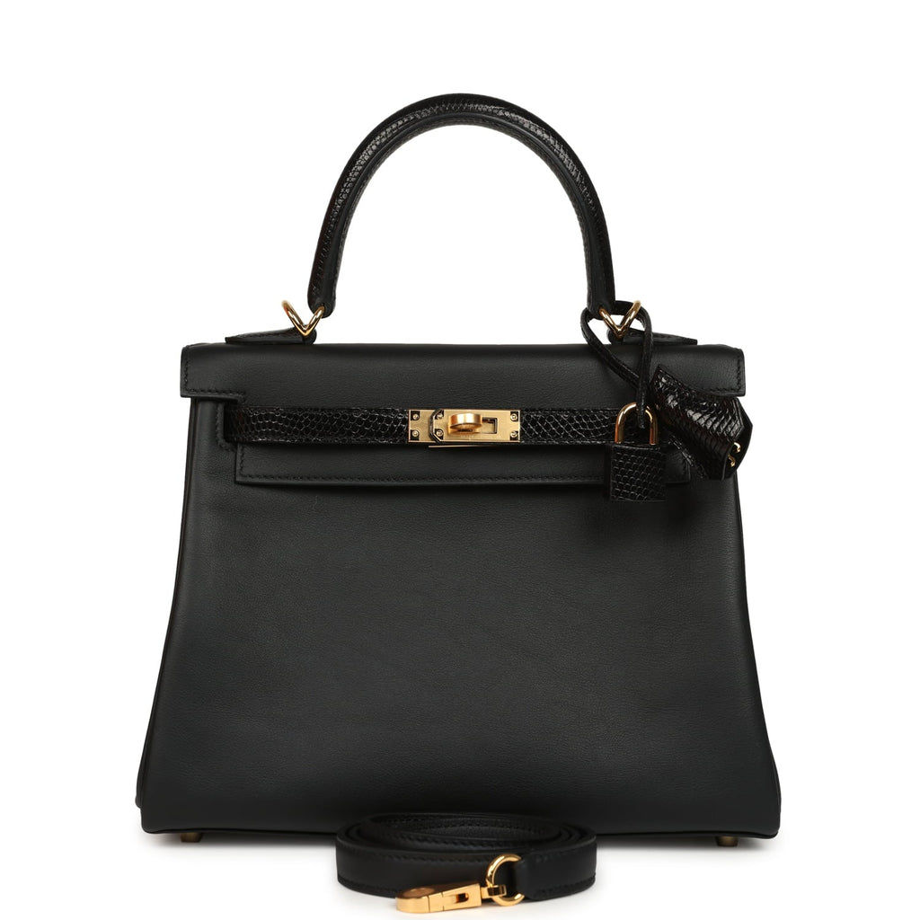 Hermes Kelly Retourne 25 Black Swift and Varanus Niloticus Lizard Touch Gold Hardware