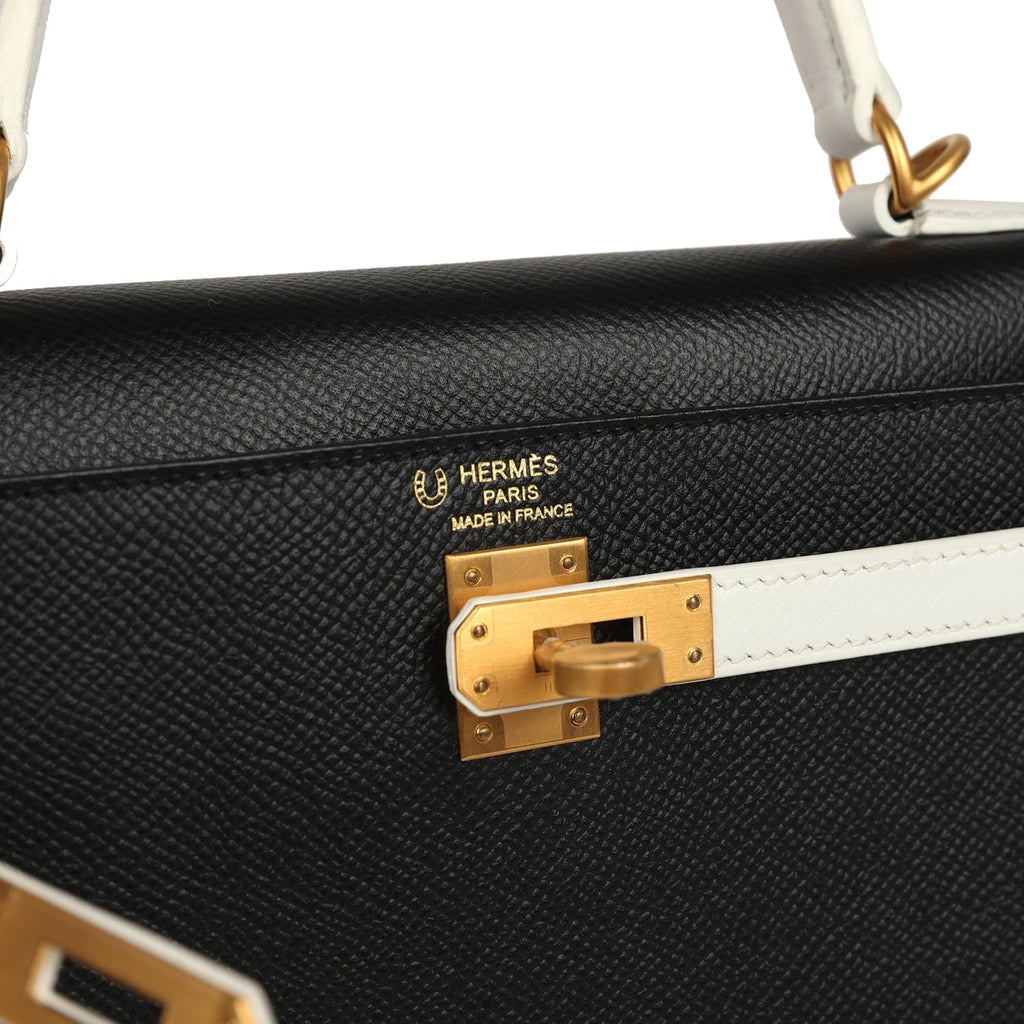 Hermes Special Order (HSS) Kelly Sellier 25 Black and White Epsom Brushed Gold Hardware