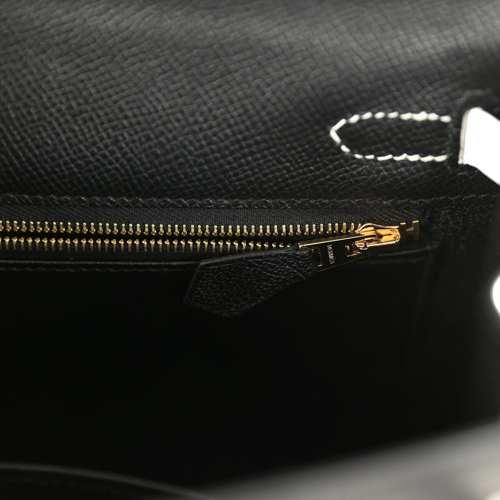 Hermes Special Order (HSS) Kelly Sellier 25 Black and White Epsom Brushed Gold Hardware